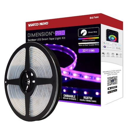 Nuvo Dimension Pro Tape Light Strip 32 ft. RGB + Tunable White - J-Box - IP65 - Starfish IOT - RF Remote 64/144